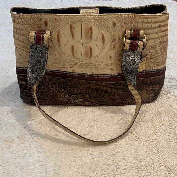 Brahmin Handbags - Brahmin Genuine Crocodile Embossed Leather Tote Shoulder Bag Neutral Brown